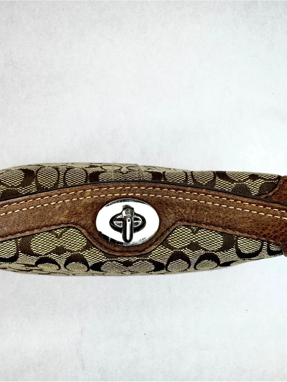 Coach Signature Canvas Turnlock Wristlet Clutch Khaki Brown Leather Trim